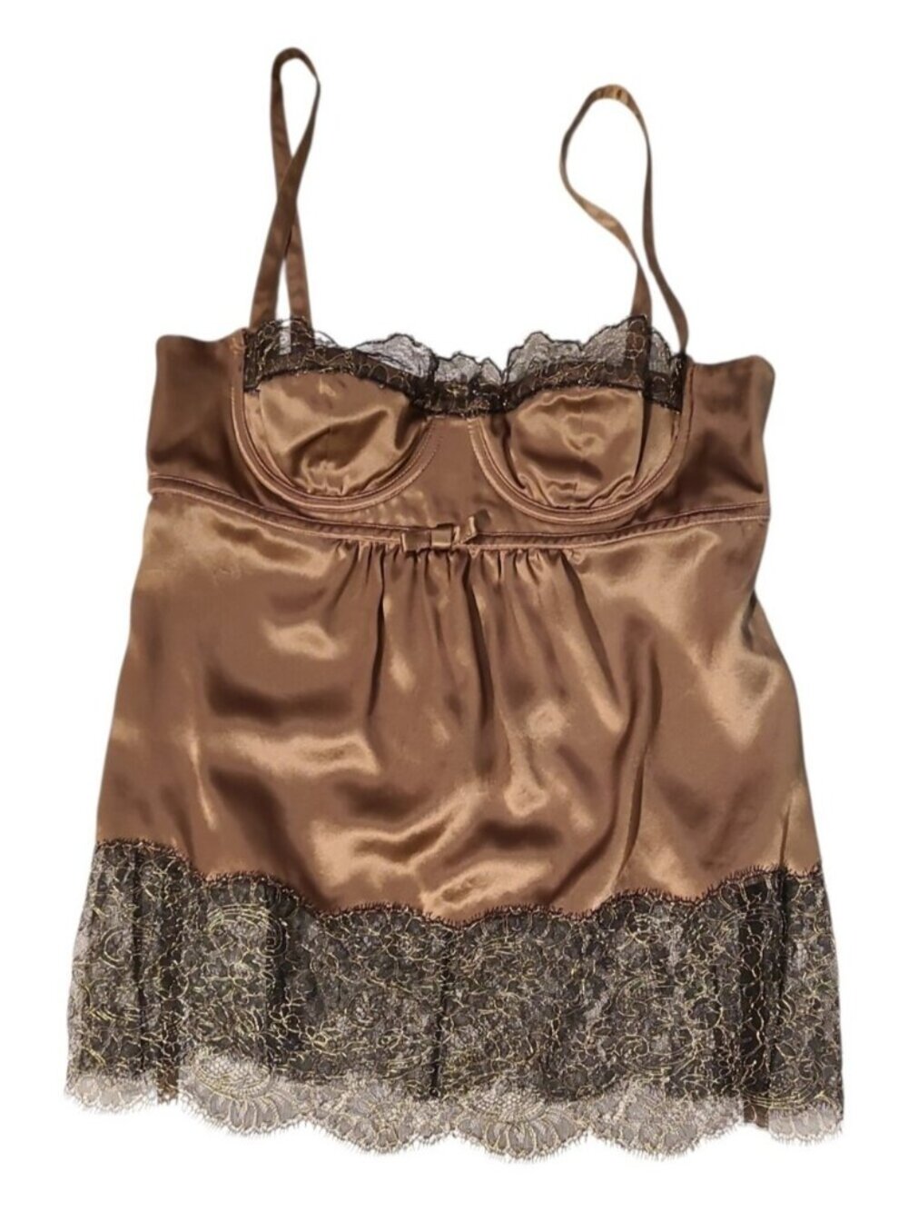 Dolce & Gabbana Bronze Silk Bustier Black & Gold Lace Trim Cami Top Womens 38